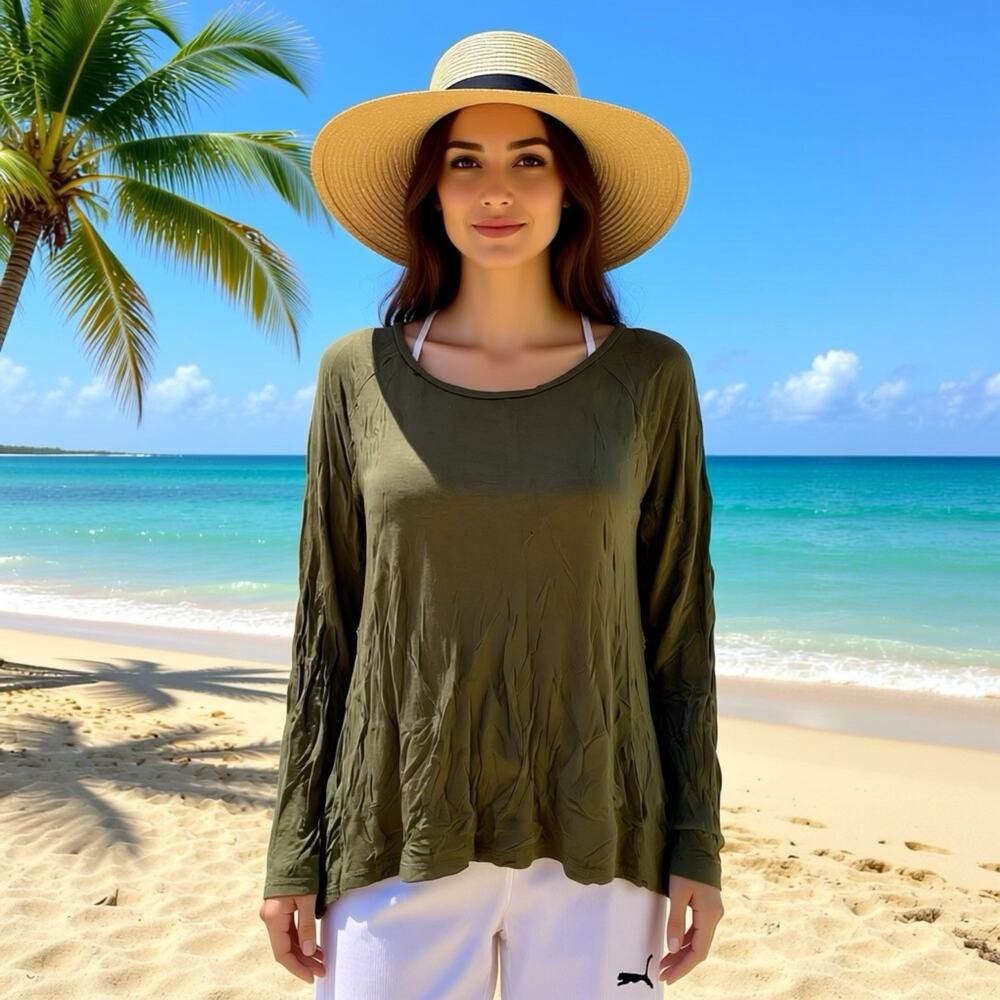 Cloud Chaser OliveGreen LongSleeves Top Women L Blouse Pullover Back Embroidered